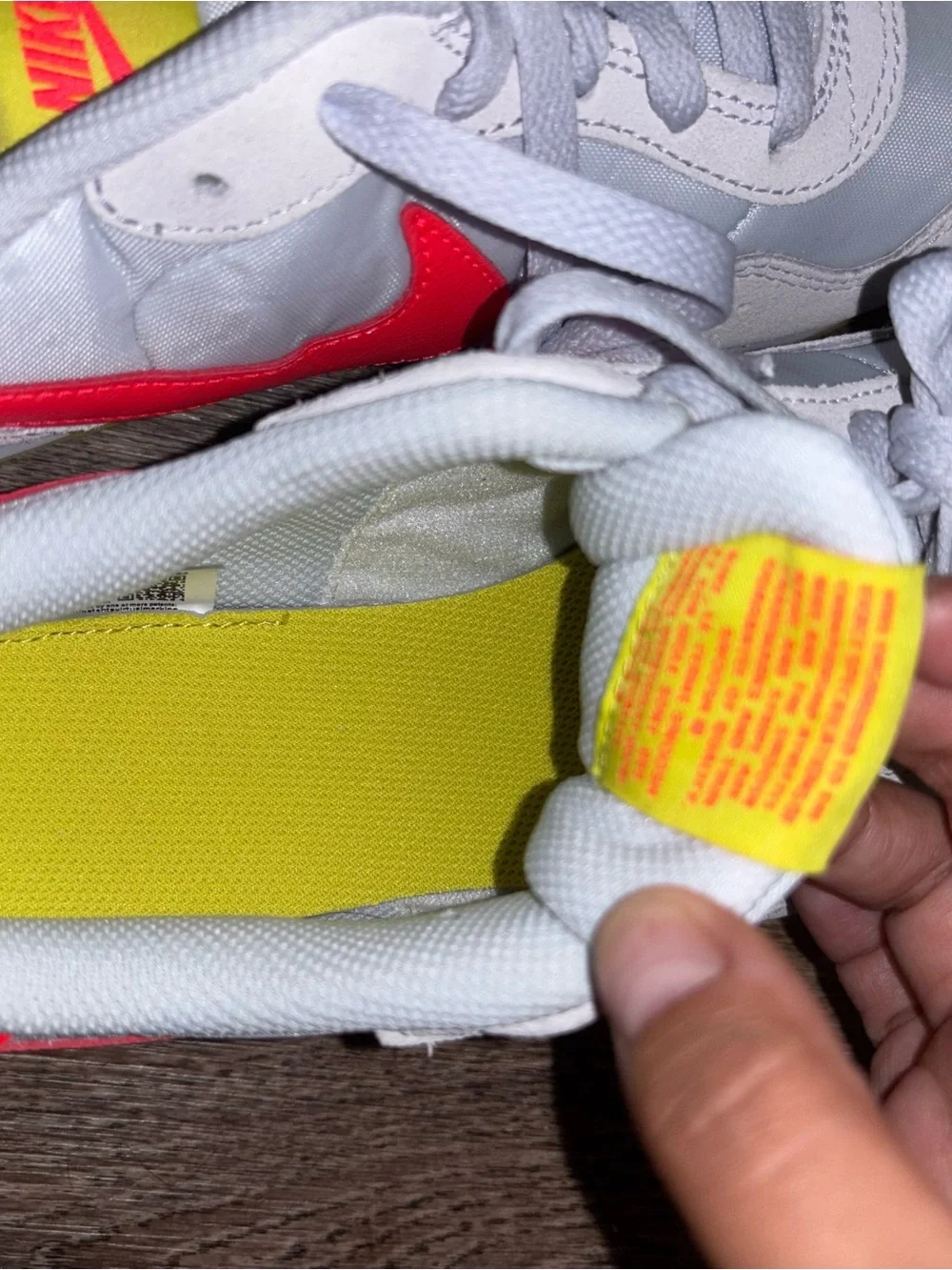 Nike Kids White Sneakers with Neon Pink Swoosh and Yellow Outsole